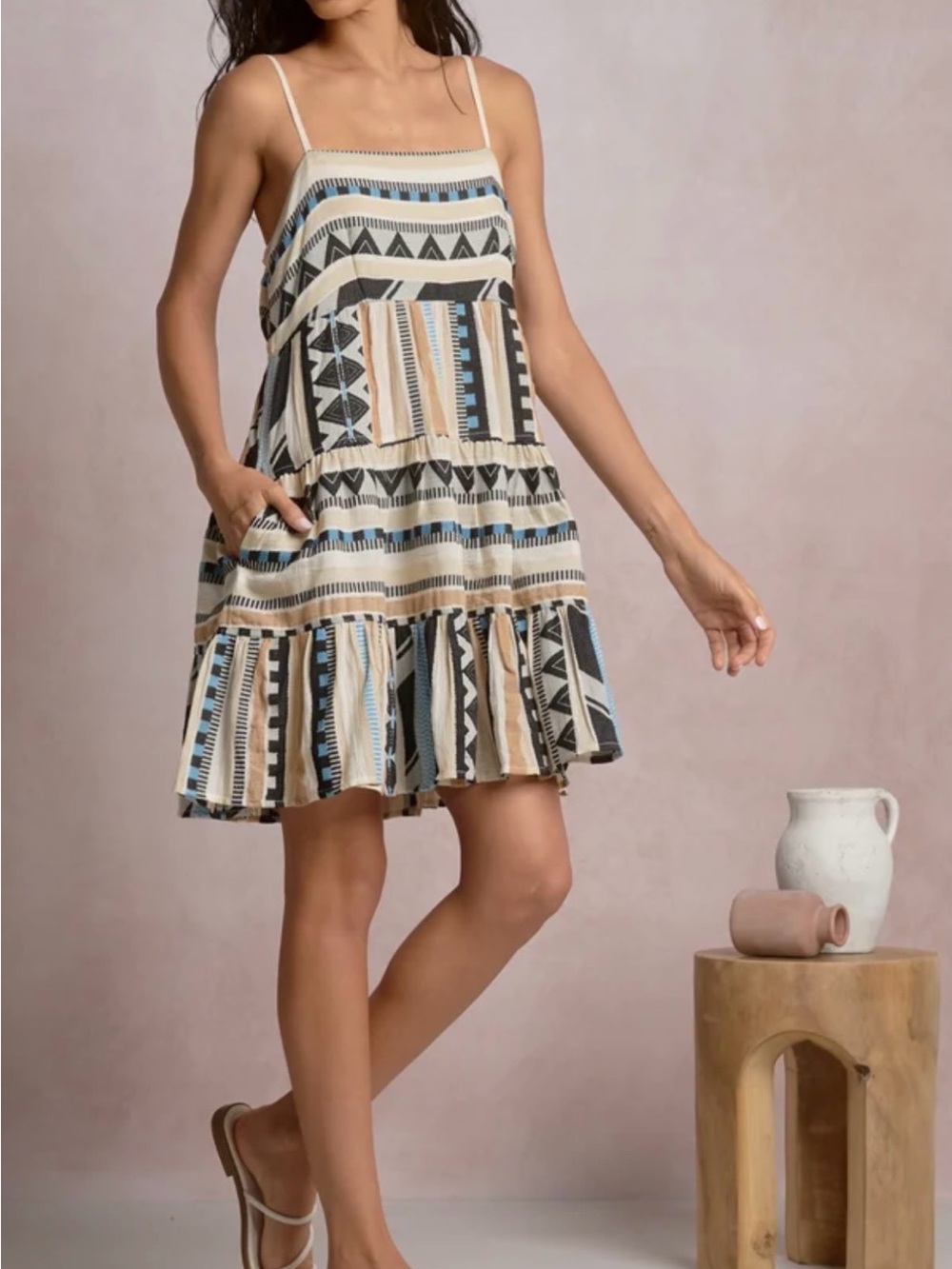 Elan Vega dress in Beige, Black & Blue Aztec print. Medium.